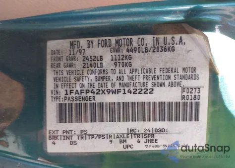 1998 Ford Mustang Gt из США, поврежденный, VIN 1FAFP42X9WF142222